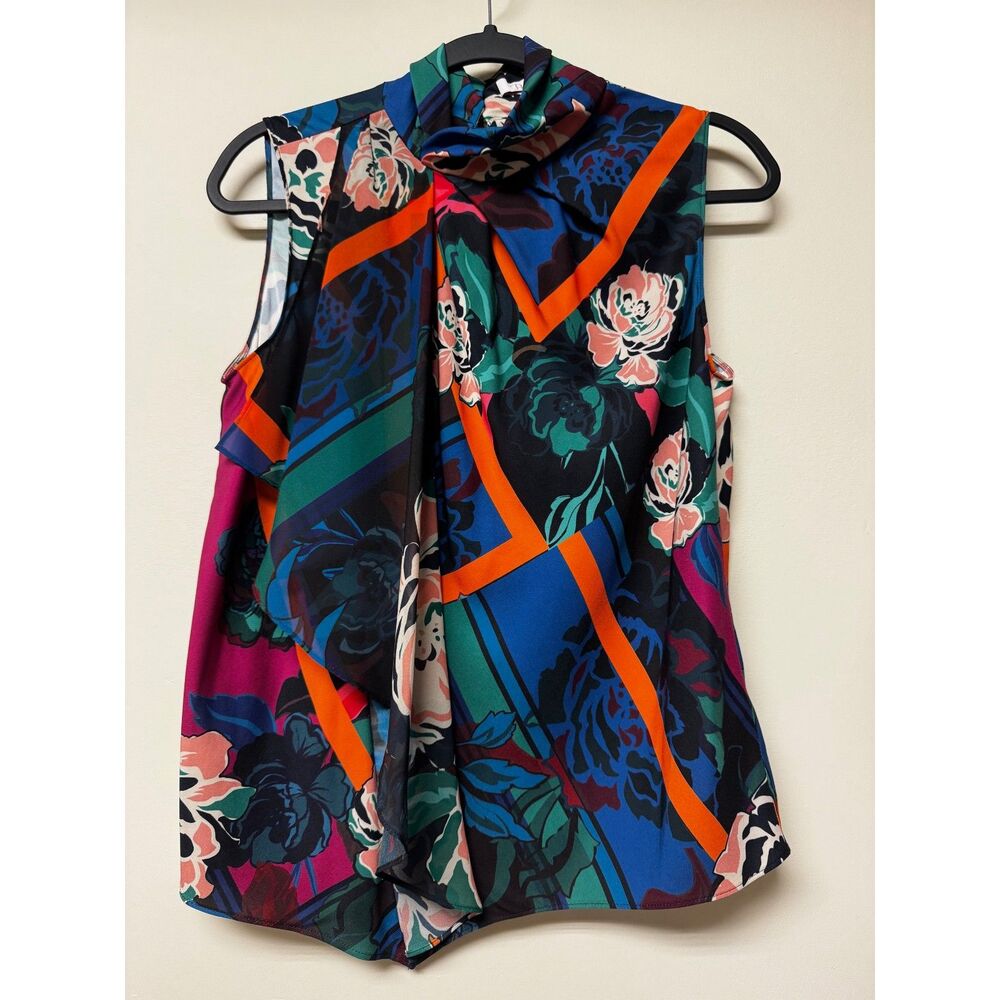 PARKER Irving Rose High Neck Draped Sleeveless Blouse Keyhole Back, Sz S